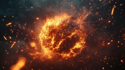 Poster - Exploding fireball in slow motion, glowing embers flying in all directions, dark background, ultra-detailed wallpaper 