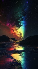 Poster - Mesmerizing aurora borealis illuminates a tranquil night sky over a serene body of water and distant mountains