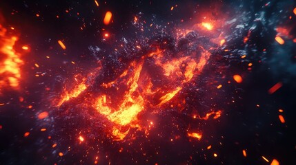 Poster - Exploding fireball in slow motion, glowing embers flying in all directions, dark background, ultra-detailed wallpaper 