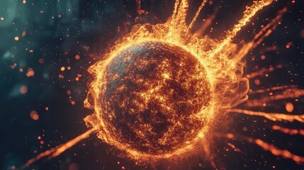 Poster - Exploding fireball in slow motion, glowing embers flying in all directions, dark background, ultra-detailed wallpaper 