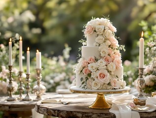 Aufkleber -  wedding cake with multiple tiers, each decorated with pink and white flowers, sitting on a table with candles and surrounded by green foliage.