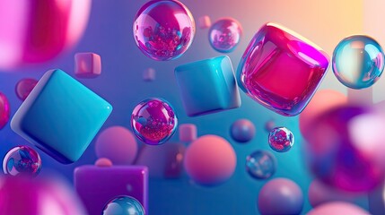 Poster - Futuristic abstract geometric shapes in neon blue, pink, and purple, 3D depth effect, floating cubes and spheres, ultra HD, wallpaper