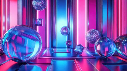 Poster - Futuristic abstract geometric shapes in neon blue, pink, and purple, 3D depth effect, floating cubes and spheres, ultra HD, wallpaper