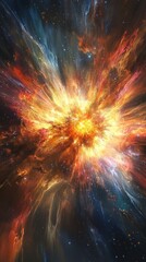 Poster - Dramatic supernova explosion illuminating distant galaxies and cosmic clouds in vibrant colors