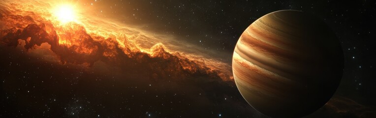 Poster - Detailed view of a water-covered exoplanet orbiting a distant star in a vibrant cosmic scene