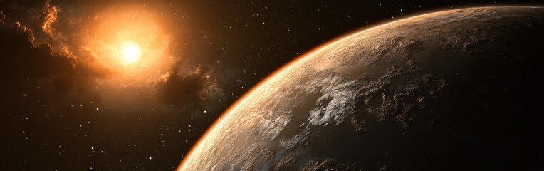 Poster - Detailed view of a water-covered exoplanet with distant sun and cosmic elements in space