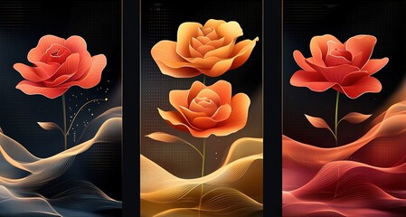 Poster - Vibrant roses in shades of red and orange surrounded by flowing abstract patterns at a nighttime setting