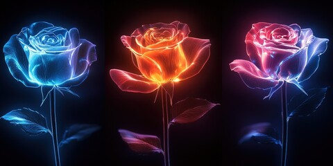 Fototapete - Vibrant glowing roses displayed in a dark atmosphere showcasing colors and elegance at a creative art exhibition