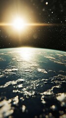 Poster - Exoplanet surface illuminated by distant sun, showcasing water bodies and atmospheric reflections in a cosmic setting