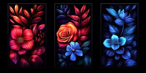Poster - Colorful floral artwork featuring vibrant roses and botanical elements on a dark background