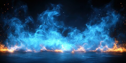 Fototapete - Vivid blue and orange flames create an ethereal effect with swirling smoke in a dark environment