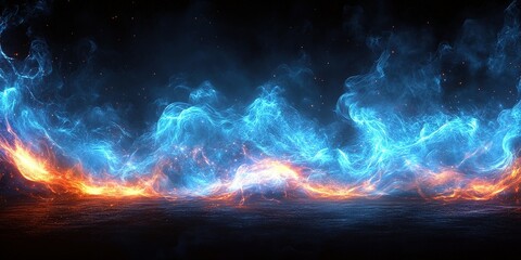 Fototapete - Dynamic blue and orange flames merge in a mesmerizing display of color and motion at digital art exhibition