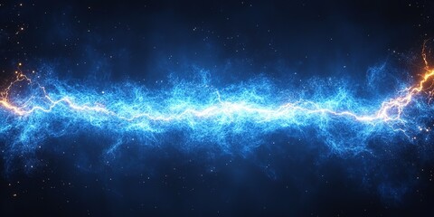 Poster - Bright blue electric lightning streak illuminating a dark cosmic background