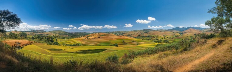 Poster - Captivating view of colorful terraced rice fields under a bright blue sky in rural landscape