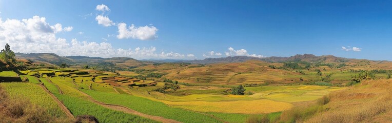 Aufkleber - Captivating view of colorful rice terraces in vibrant fields under clear skies