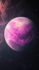 Aufkleber - Illustration of a vibrant exoplanet with swirling pink and purple clouds set against a cosmic backdrop