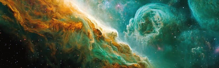 Poster - Vibrant exoplanet displays stunning colors and dynamic cloud formations in deep space