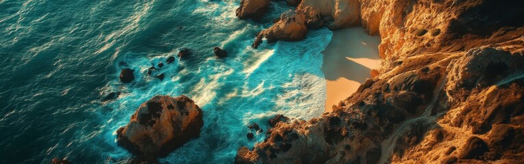Aufkleber - Stunning coastal drone view showcasing waves crashing against rocks at sunset near a secluded beach