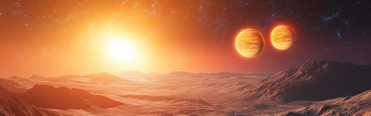 Poster - Cosmic landscape reveals twin suns illuminating a distant alien world at twilight