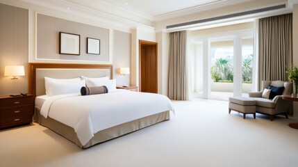 Wall Mural - Modern Luxurious Hotel Bedroom with Elegant Decor and Comfortable Furniture in Bright Natural Light