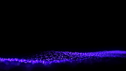 Poster - Abstract wave with blue light on black background. Science background with moving dots. Network connection technology. Digital structure with particles. 3d rendering.