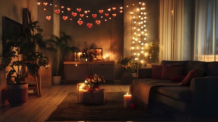 Wall Mural - Valentine celebration in a cozy flat with heart garlands, a candlelit path leading to a surprise gift and fresh flowers on the sofa table