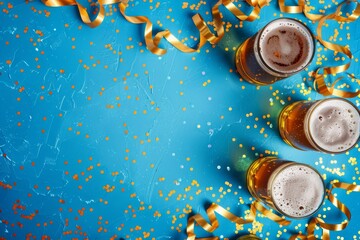 Wall Mural - Three glasses of beer are on a table with a blue background and gold streamers. Scene is celebratory and festive