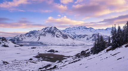 Fototapete - snowy mountain landscape with a body of water in the foreground and a sky with colorful clouds. The scene is serene and captures the beauty of a winter wonderland.