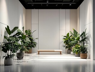 Poster - minimalistic indoor setting with a large, empty wall, a wooden bench, and several potted plants. The ceiling is black, and the floor is polished, giving the space a modern and clean appearance.