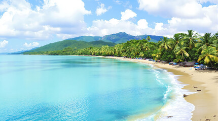 Poster - beautiful tropical beach with clear blue water, white sand, and lush green palm trees lining the shore. The sky is partially cloudy, and there are a few people and vehicles visible near the beach.