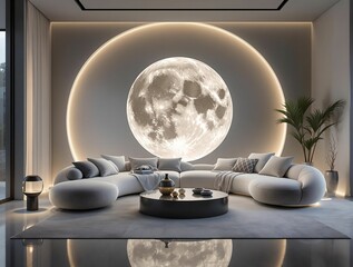 Poster -  modern living room with a large, circular window or screen displaying the moon. The room features a curved sofa, a coffee table, and a large window with a植栽. The lighting is soft and warm, creating a