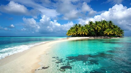 Poster -  tropical beach with clear turquoise waters, white sand, and lush green palm trees. The sky is partly cloudy with blue patches