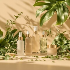 Poster - collection of skincare bottles and jars placed on a surface, surrounded by green foliage. The bottles vary in size and shape, and the overall color palette is earthy and neutral.