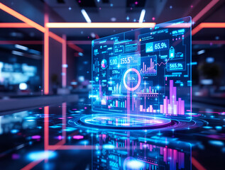 Poster -  futuristic, digital interface with various data visualizations and charts, illuminated with neon colors. The scene suggests a high-tech environment, possibly a virtual reality or augmented reality se