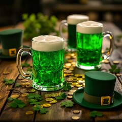 Aufkleber - green beer steins filled with frothy green beer, sitting on a wooden table surrounded by golden coins and green felt hats.