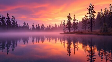 Poster -  serene lakeside scene during sunset or sunrise, with a vibrant sky reflecting off the calm water and mist rising from the surface. Tall pine trees surround the lake, adding to the tranquil and pictur