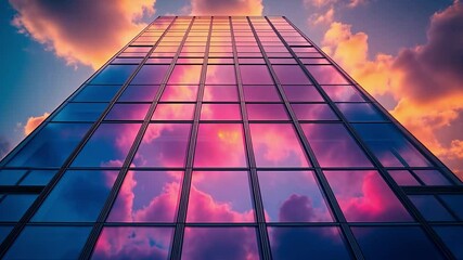 Poster - Vibrant sunset reflections on a glass skyscraper in an urban environment