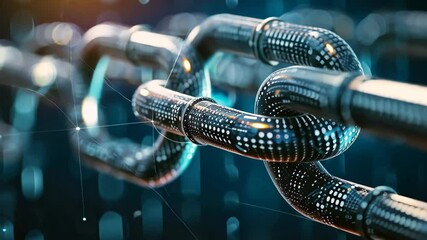 Poster - This visual showcases a detailed close-up of a digital chain composed of binary code, emphasizing themes of security, connectivity, and technology in a futuristic setting.