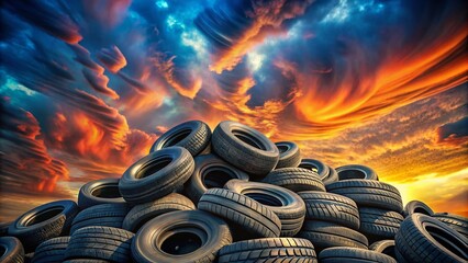 Wall Mural - Surreal Stacked Tires: Dreamlike Photography of a Tire Pile, Abstract Tire Art, Artistic Tire Composition