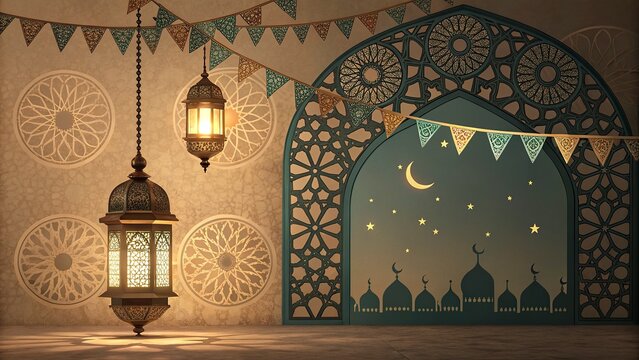 Photo Ramadan Glow Mosque Moon and Bokeh islamic ramadan eid mubarak kareem mosque background