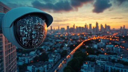 Poster - Surveillance camera monitoring a city skyline at sunset with vibrant lights and urban activity