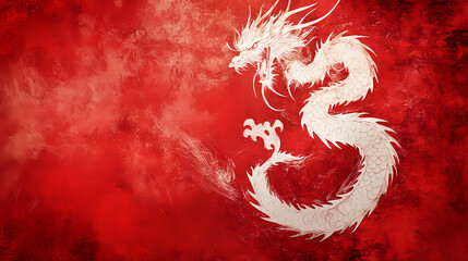 Wall Mural - Red textured background with a white chinese dragon design. Seraphic. Illustration