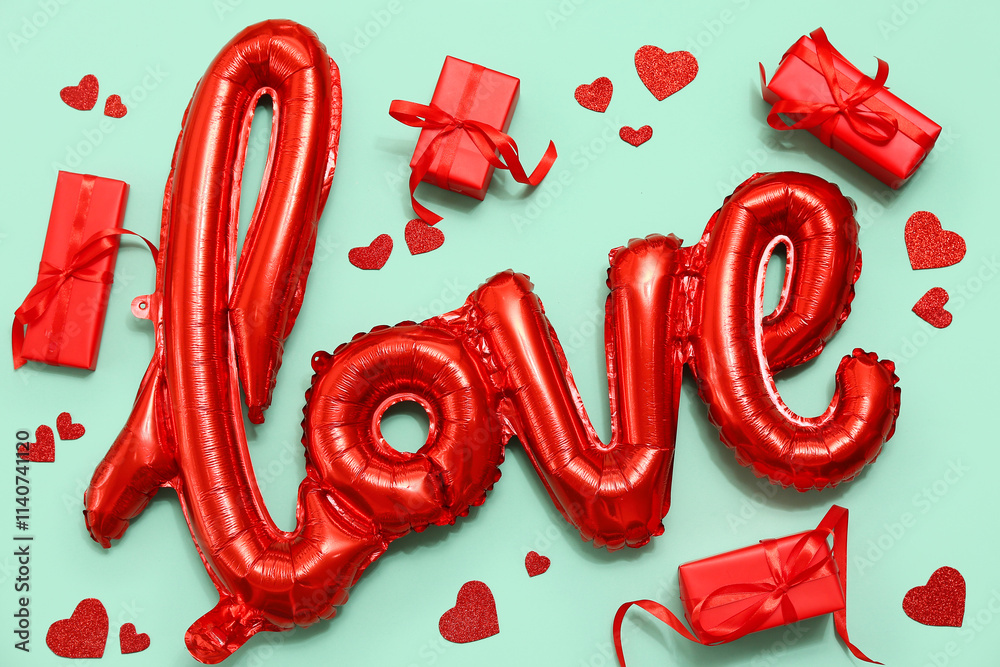 Air balloons in shape of word LOVE with hearts and gift boxes on turquoise background. Valentine's day celebration