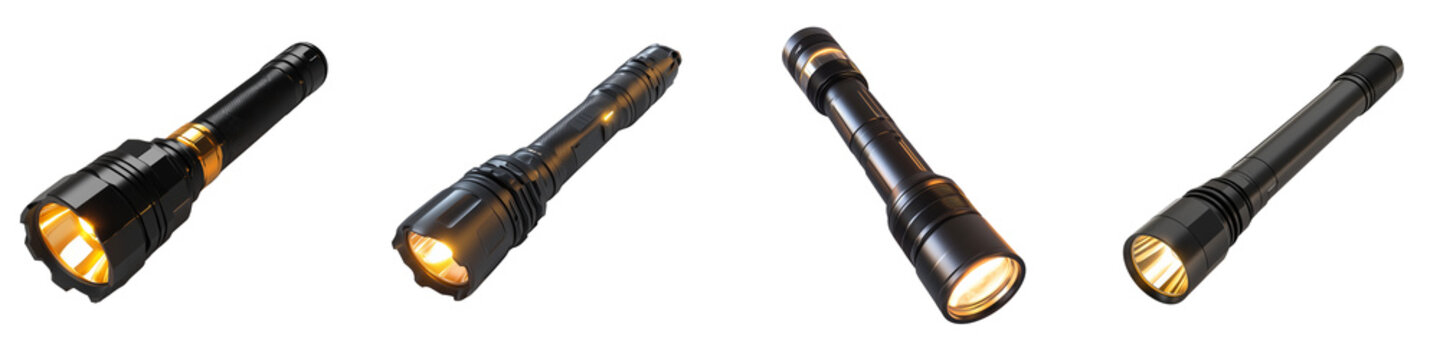 Set of A Black flashlight with golden light, product renderings, pure white background, 3D rendering, PNG format Background