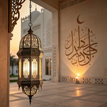 Photo Ramadan Glow Mosque Moon and Bokeh islamic ramadan eid mubarak kareem mosque background