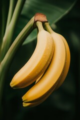 Canvas Print - Ripe yellow bananas on a plant with water droplets.