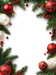 christmas border of red green and white ornaments and branches isolated on a white background frame 