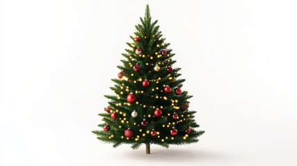 Wall Mural - christmas tree decorated with ornaments and festive lights isolated on white. festive christmas tree