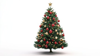 Wall Mural - christmas tree decorated with ornaments and festive lights isolated on white. festive christmas tree