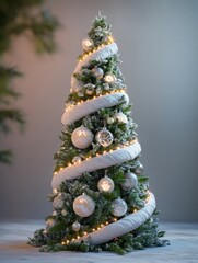 Wall Mural - christmas tree decorated with ornaments and festive lights isolated on white. festive christmas tree